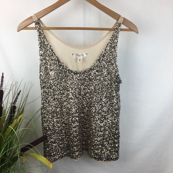 Decree Tan & Gold Sequins Embellished Tank Top M - Picture 1 of 7